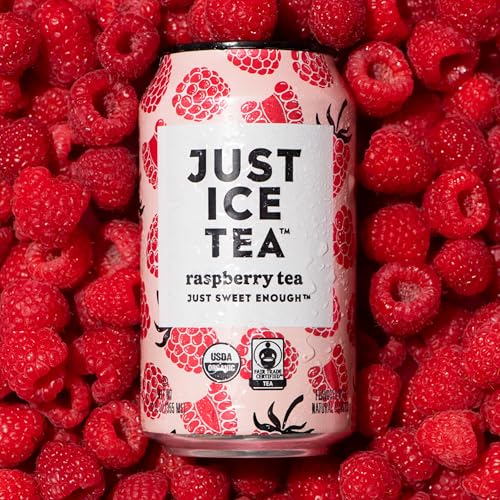 Image of Just Ice Tea, Raspberry Flavored Black Iced Tea, 12-Pack (12oz Cans), USDA Certified Organic, Low Calorie, No Artificial Sweeteners, Fair Trade, Made in USA.