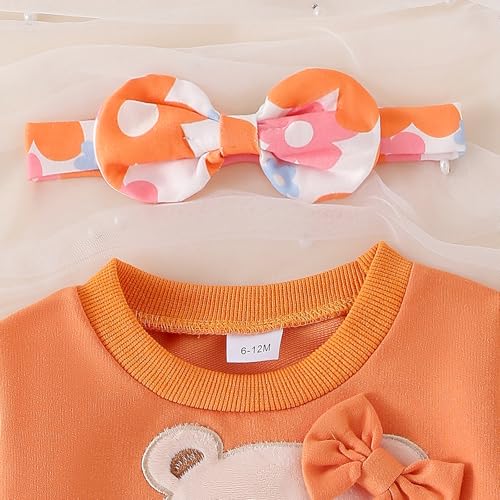 Image of Baby Girl Clothes Fall Winter Long Sleeve Bear Cartoon Sweatshirt Flare Pants Bow Headband Set 6 Months-4 Years Old