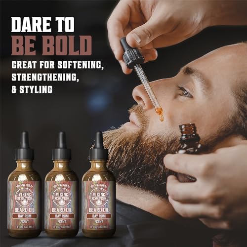 Image of Viking Revolution Bay Rum Beard Oil for Men - Natural Argan and Jojoba Oil Blend for Softening, Strengthening, and Moisturizing Beards (3 Pack)