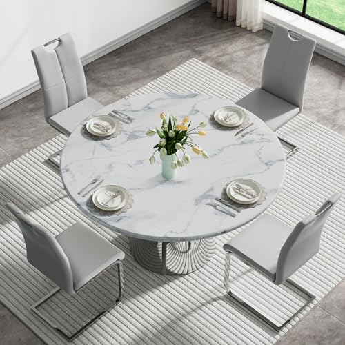 Henf Round Faux Marble Dining Table Set for 4,Modern 5-Piece Round Dining Table & Chair with Silver Stainless Steel Base,47\" Round Marble Kitchen Table with 4 Leather Dining Chairs for Kitchen Office - Thumbnail 4
