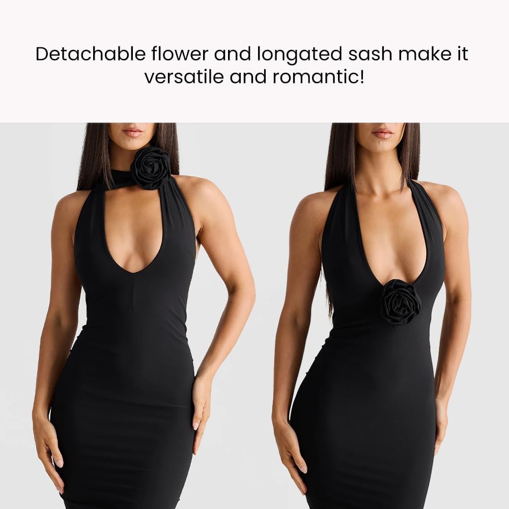 Women Sexy Backless Dress Halter Deep V Neck Detachable Flower Sleeveless Open Back Maxi Dress Cocktail Prom Formal Dresses - Image 3