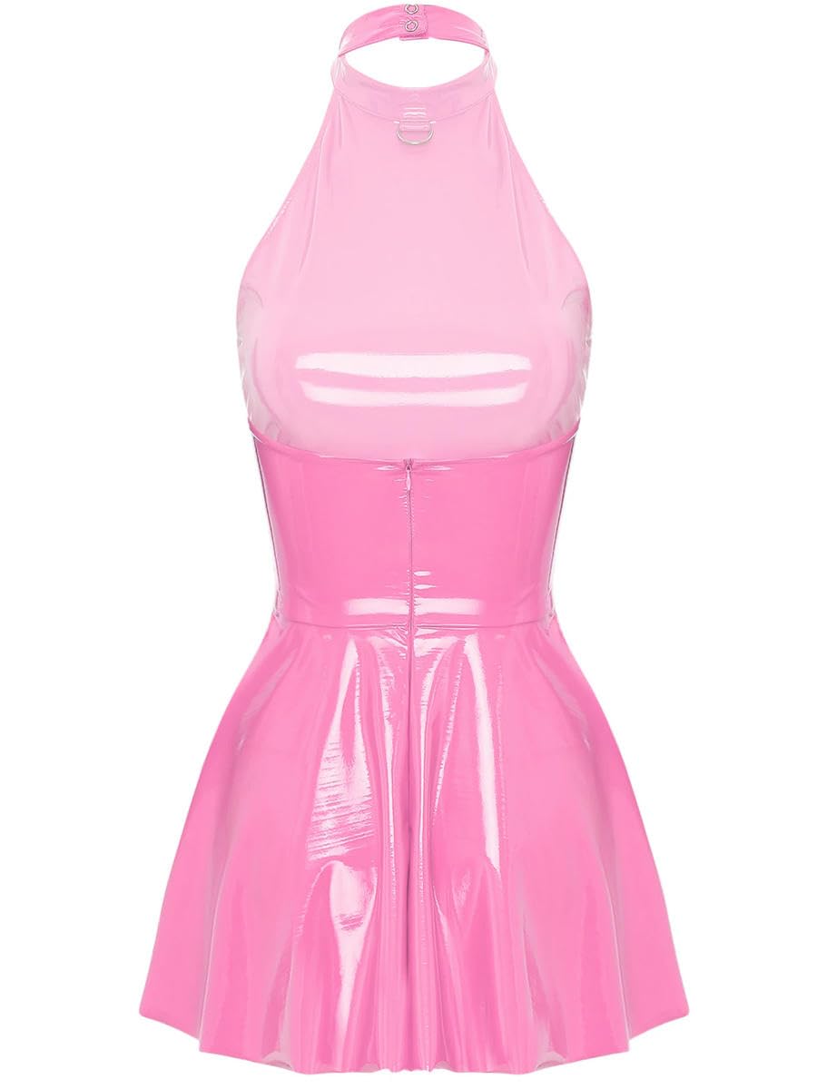 Robe patineuse dos nu en cuir verni pour femme, mini robe trapèze en latex et vinyle