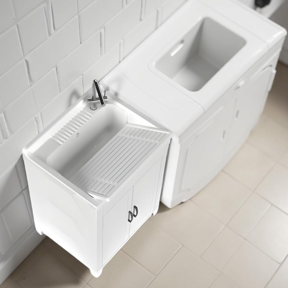 Mobile Lavandino in Resina Forabile per Rubinetto - da Esterno, Interno, Vasca, Garage, a Mano, Lavapanni, Portaoggetti, Lavanderia, Resistente agli Acidi - Made in Italy Bianco