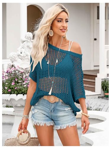 Image of Verdusa Women's Off The Shoulder Knit Top Crochet Summer Sweaters Hollow Out Beach Cover Up