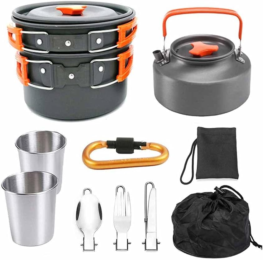 Picnic Camping Cookware Ultra-Light Portable Hiking Outdoor Water Kettle Pan Pot Travel Aluminum Cooking Kits Utensils 9PCS/Set (Color : B) (A)