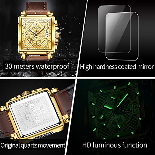 Image of OLEVS Watches for Men Quartz Chronograph Leather Fashion Dress Watch Date Waterproof Luminous Casual Square Business Wrist Watches
