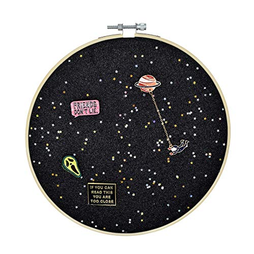Wall Hanging Brooch Jewelry Storage Display Stand Enamel Pin Display Holder Earrings Necklace Glitter Pin Display Board with Stars, Pin Collection Display, Canvas/Leather Embroidery Hoop (Black)