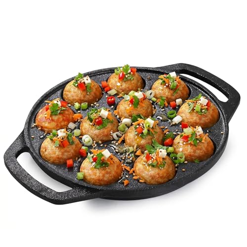 Image of Cast Iron 12 Cavity Paniyaram Pan | Pre-Seasoned Appam Patra, Kuzhi Paniyaram, Appe, Paddu, Ponganal, Litti & Pancake Maker | Naturally Non-Stick | Gas & Induction Compatible | 2 Side Handles