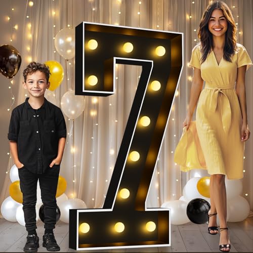 Image of Pooqla 4FT Marquee Light Up Numbers 7 for 7th 70th Birthday Decorations | Black LED Marquee Numbers Party Backdrop, 4 Feet Large Mosaic Numbers 7th 17th 70th Anniversary Birthday Gift for Boys Men
