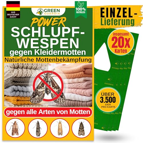 GREEN GUARDIA Las avispas contra las polillas de la ropa, 20 tarjetas por 1 entrega, combate eficazmente las polillas, alternativa biológica y ecológica a la trampa de polillas, spray de polillas