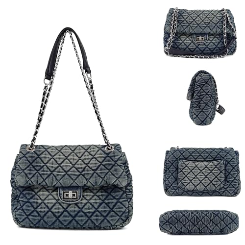 Image of M-ioi-M Small Quilted Denim Purse, Shoulder Bag for Women, Crossbody Flap Tote, Double Silver Chain Strap Trendy Hobo, Vintage Retro Washed Jean Handbag, Casual Everyday (Vintage Blue, Small)