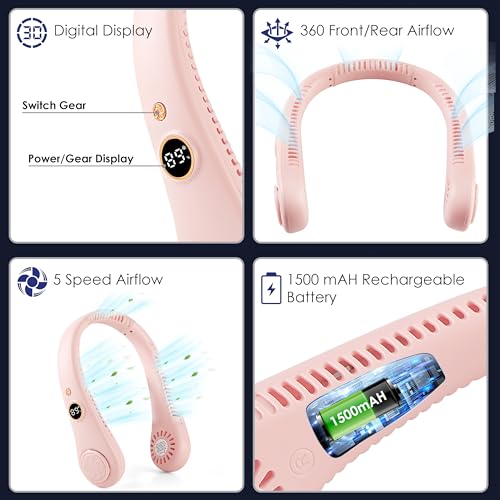 Image of Gesto Portable Neck Fan Rechargeable - Hands-Free Neck Fan for Summer With 1500 mAh Battery & Display | 5-Speed 360 Airflow, USB Charging Personal Fan for Home, Kitchen, Gym, Travel, Running -Pink