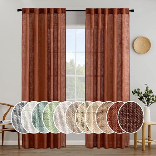 MIULEE Burnt Orange Linen Curtains 84 Inch Length 2 Panels for Bedroom Living Room, Soft Thick Linen Textured Window Drapes Semi Sheer Light Filtering Back Tab Rod Pocket Burlap Look Fall Decorations