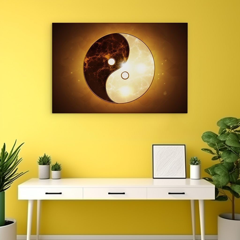 Canvas for Living room. Harmony Envisioned: Yin and Yang Amidst a Golden Cosmos, 27 x 18 inch Canvas Wall Art - Contemporary Masterpieces - Modern Home Decor