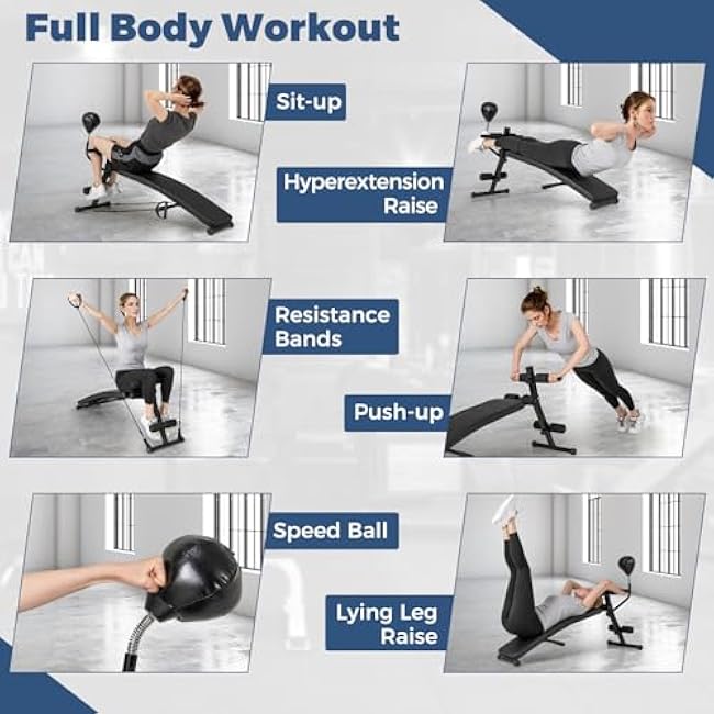 GYMAX 3 in 1 Decline Ab Bench with Speed Ball & Resistance Bands, 5-Level Adjustable, 300 lbs Weight Capacity