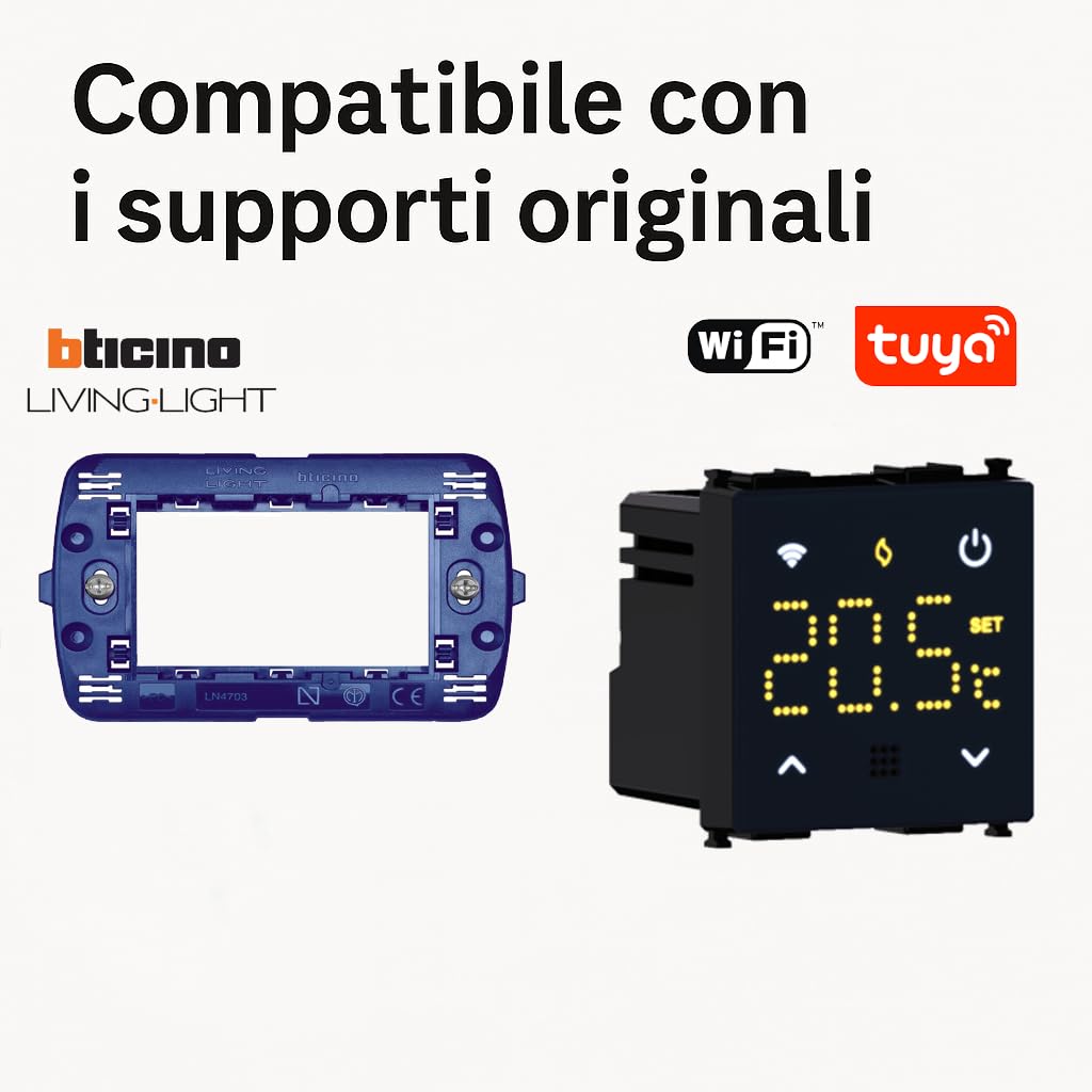 Elektronova Cronotermostato connesso WIFI TUYA da incasso modulo programmabile 2P 240V display touch retroilluminato colore nero compatibile su supporti Bticino Living