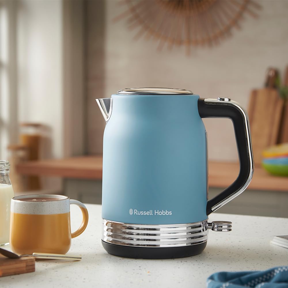 Russell Hobbs Bollitore Elettrico [1,7L, 2400W] Hanley Retro Blue (Acciaio inox, Design vintage, Beccuccio Perfect Pour, Base 360°, Avvolgicavo, Coperchio pulsante, Risparmio energetico) 28641-70