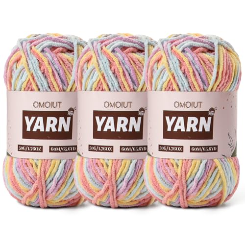 Image of 3 Packs Plush Chenille Chunky Crochet Yarn - Baby Yarn for Crocheting Soft - Velvet Yarns Knitting for Blankets Crafts - Fluffy Amigurumi Yarns 150g /196.8yds (3 Macaron)