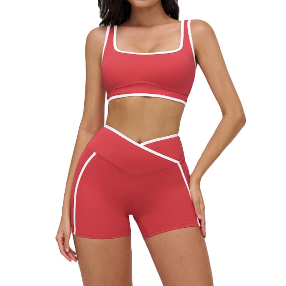 XYFfybhsd Women 2 Piece Contrast Color Quick Dry Yoga Set Beauty Sportswear Push Hip Shorts Pants Yoga Workout (Size:XL,Color:Red 1)
