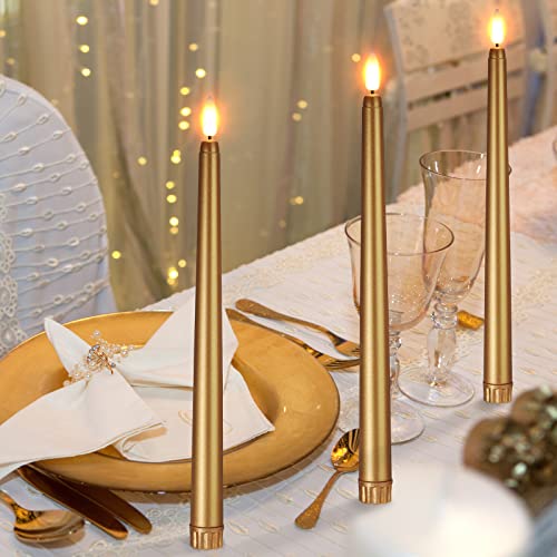 Image of Macarrie 24 Packs Flameless Taper Candles Battery Operated Fake 11 Inch Long Candlelight LED Flameless Candlesticks Flickering Tapered for Summer Fall Wedding(Gold)