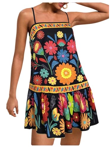 Image of RoseSeek Women's Floral Boho Flowy Mini Cami Dress Ruffle Hem Spaghetti Strap Vacation Tank Dresses