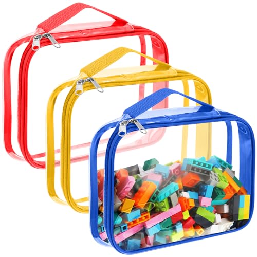 Image of Sanwuta 3 Packs Toy Storage Bags with Zipper, Clear PVC Organizing Waterproof Toy Bags for Board Games, Building Blocks, and Kids Books(12.6 x 9 x 2.36 Inch,Red, Blue, Yellow)