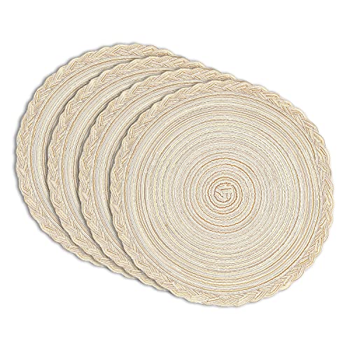 myHomeBody Round Woven Placemats, 4pcs, 14.8" Braided Woven Placemats, Attractive Kitchen Décor Place Mats | Round Placemats as Table Mat | Cream - Braided Edge, Set of 4