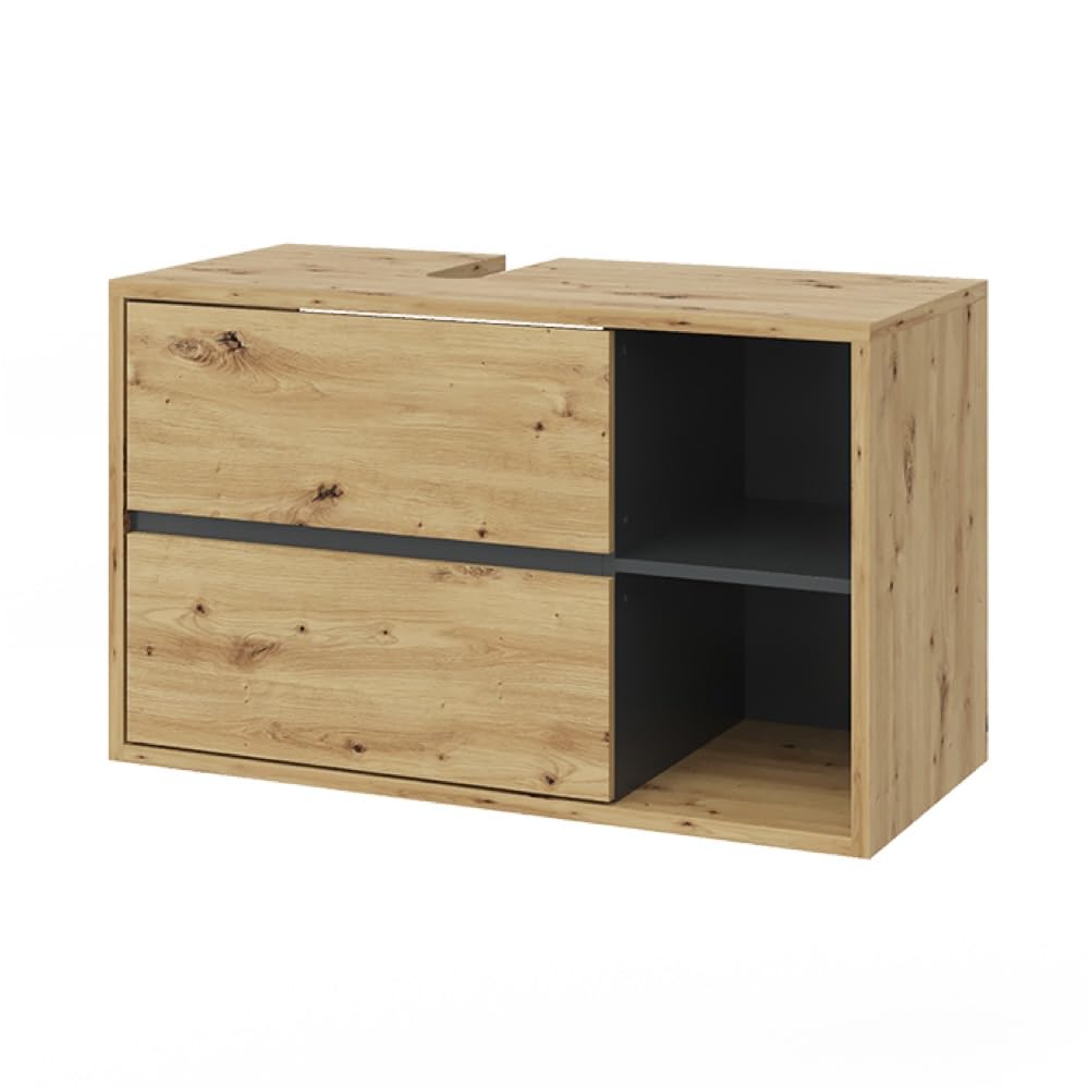 Vicco Waschbeckenunterschrank Viola, Artisan-Eiche, 100 x 60 cm, mit Siphonaussparung und offenen Ablagen zur Wandmontage