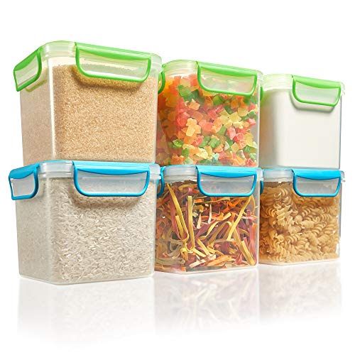 6 Airtight Food Storage Containers 44 ounces for Dry Goods, Baking Supplies, Flour, Sugar, Pasta, Rice, etc. - Kitchen Pantry Plastic Containers - Air Tight Canisters Set With Locking Lids