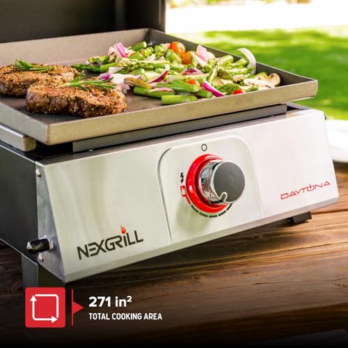 Nexgrill Daytona 1-Burner Portable Gas Griddle with Built-In Lid, 12,000 BTUs, 271 SQ In Cooking Space, Small Tabletop Propane Griddle for Outdoor Cooking, Camping, BBQs, and Parties - 820-0081