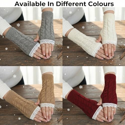 Image of Kraptick Women's Cable Knit Fingerless Gloves - Winter Arm Warmers with Elegant Lace Trim & Thumb Hole - Soft Woolen Thermal Half Finger Mittens for Typing, Driving & Office Work (Free Size, khaki)-1