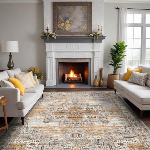 RUUGME Washable 8x10 Area Rugs - Large Rugs for Living Room Stain Resistant Carpet Vintage Rugs for Bedroom with Non Slip Backing Home Decor Floor Decoration Mat (8x10 Yellow)