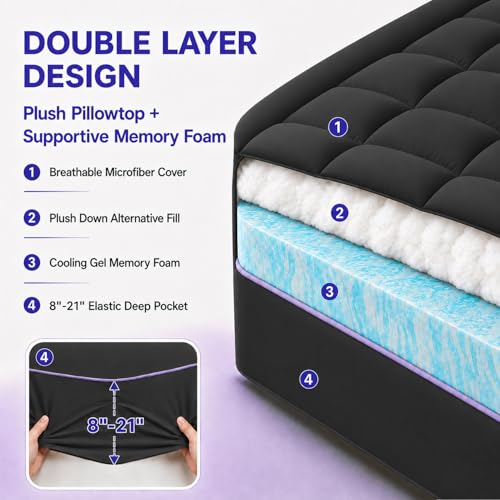 Image of ABENE Twin XL Mattress Topper for College Dorm Room Essentials, 3 Inch Dual Layer Memory Foam with Plush Pillow Top, Extra Long Dorm Bed Topper for Back Pain Relief and Comfortable Sleep, Black