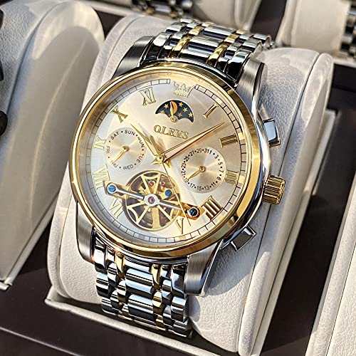 Image of OLEVS Self Winding Watches for Men Automatic Mechanical Skeleton Luxury Dress Waterproof Moon Phase Tourbillon Chronograph Stainless Steel Luminous Wristwatch