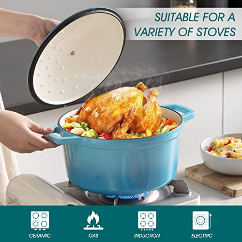 Image of vancasso 7.5 Qt Round Enameled Cast Iron Dutch Oven with Lid, Blue | Sourdough bread baking, soups, stews, braising, non-stick enamel, tight-sealing lid, safe on gas, induction, ceramic, oven.
