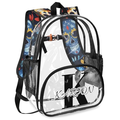 Personalized Small Clear Backpack Stadium Approved Heavy Duty PVC Plastic Custom Skull Gothic Skeleton Transparent Backpacks See Through Bag with Name, Floral2