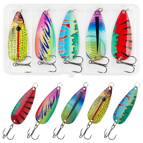 Angelköder Forellen Spoon Set Forellenköder Spoons Spinner Blinker mit Drillingshaken Und Spaltringe Forellenangeln Trout Spoon Kunstköder zum Forellen Barsch Hecht Zander Angelzubehör (7g-5pcs)