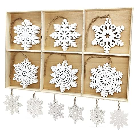 GSD 30pcs Wooden Snowflakes Ornaments Rustic Hanging Wood Snowflake Crafts Hollowed Embellishments for Christmas Tree Decor, 3inch, White Cover