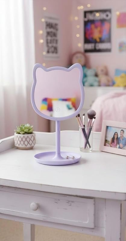 Espelho de mão GENERIC com formato de orelhas de gato, luzes LED e controle por toque, roxo