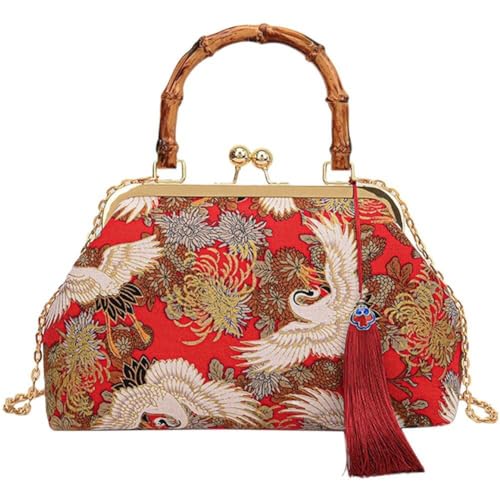 Pochette de soirée style chinois de luxe brodée grue et anse bambou