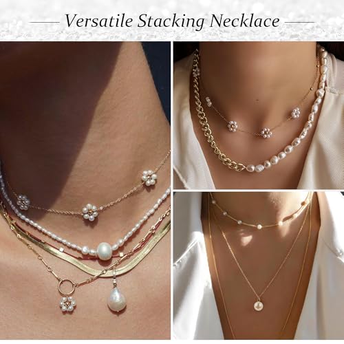 Pearl Necklaces for Women, Gold Pearl Choker Dainty Single Pearl Necklace Layered Daisy Necklace Set Pendant Strands for Bride Bridesmaids, Homecoming Costume Prom Jewelry Wedding Gifts