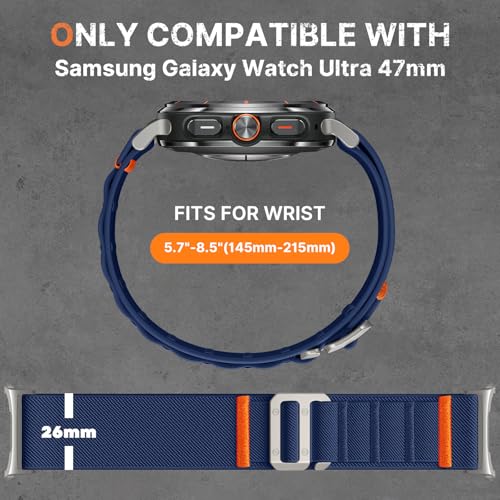Image of Bandletic Rugged Nylon Compatible with Samsung Ultra Watch Band for Men, Stretchy Soft Wide Sport Loop Strap with G-Hook Compatible with Galaxy Watch Ultra Bands 47mm 2025 /2024, Titanium Buckle, Blue
