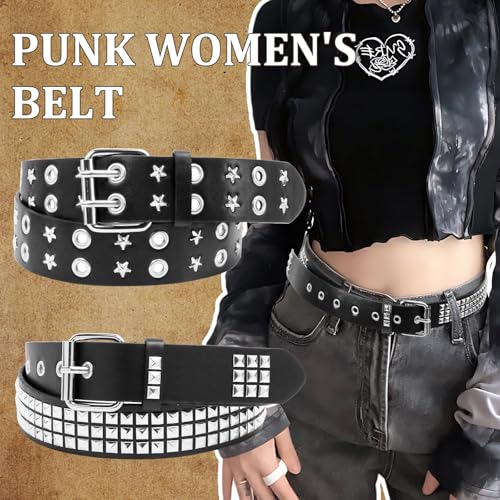 2 Pcs Black Studded PU Leather Y2K Star Belt Gothic Punk Rock Belt with Metal Pyramid Grommets for Women & Men2