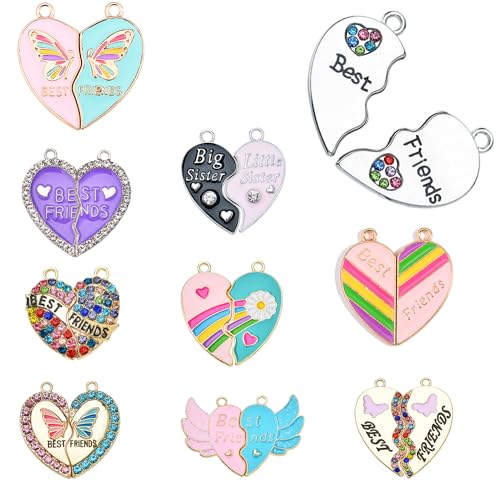 20PCs Bulk Enamel Best Friend Charms for Jewelry Making, Colorful Metal Friendship Split Heart Charms Pendant for Bracelet Necklace and Crafting (Friendship Color)