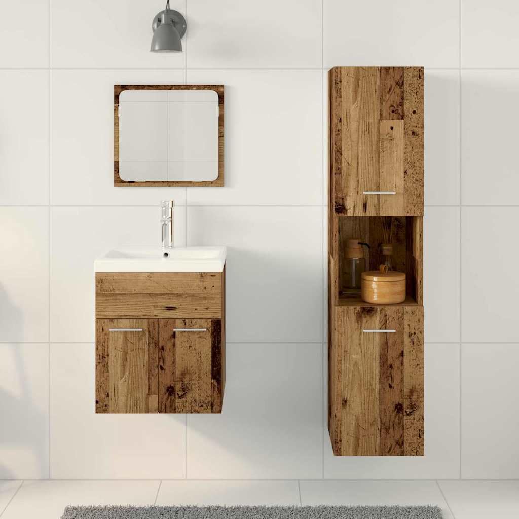 Juego de muebles de baño, 4 piezas, madera vieja, con armario bajo el lavabo, espejo, armario alto, estantería moderna, ahorro de espacio, para inodoro y baño