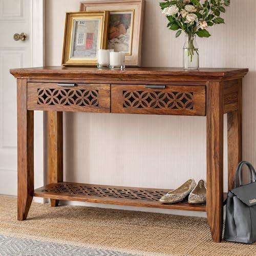 Vivek Wood Solid Sheesham Wood Console Table for Living Room | Wooden Side Entrance Table for Home with 2 Drawers & Shelf Storage | Entryway/Foyer Table | Rosewood, Honey Finish