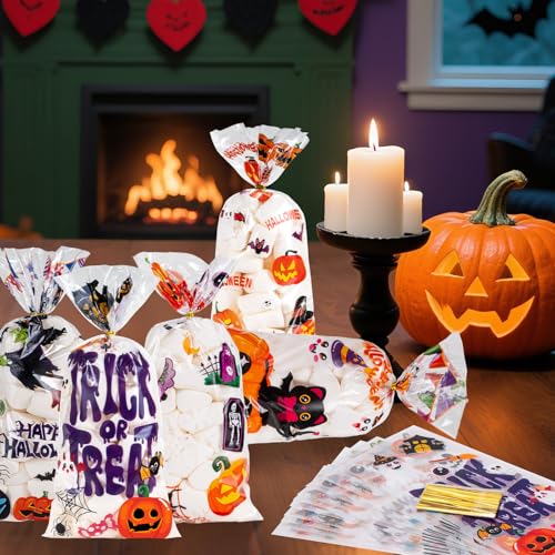 100 Pcs Happy Halloween Cellophane Treat Bags, Trick or Treat Candy Bag, Plastic Pumpkin Ghost Cookie Snack Goodie Goody Bags with Twist Ties for Halloween Gifts Wrap Party Decorations Supplies Favors - image 7