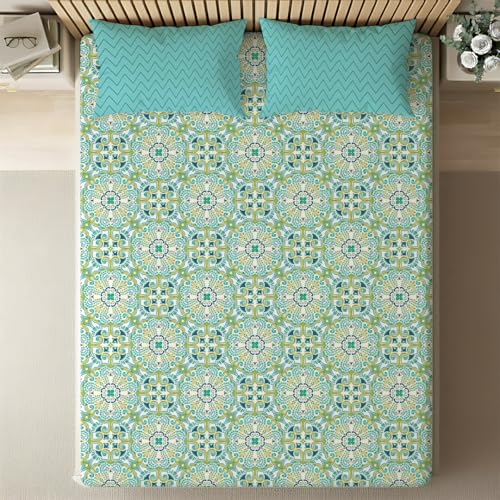 Image of Livspace Cotton Super King Size Bedsheet for Double Bed | 108 inch x 108 inch | 144 TC Flat Cotton Bedsheet with 2 Pillow Covers, Soft & Breathable - Bello Pure Nest Collection (Teal)