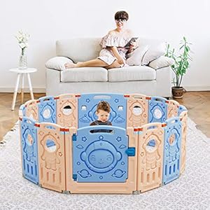 Costzon baby play yards 16 panel foldable thicken baby playpen indoor outdoor colorful rocket infants baby fence with game panel safety lock non slip bases adjustable shape aliens 16 panel  urban country home decor
