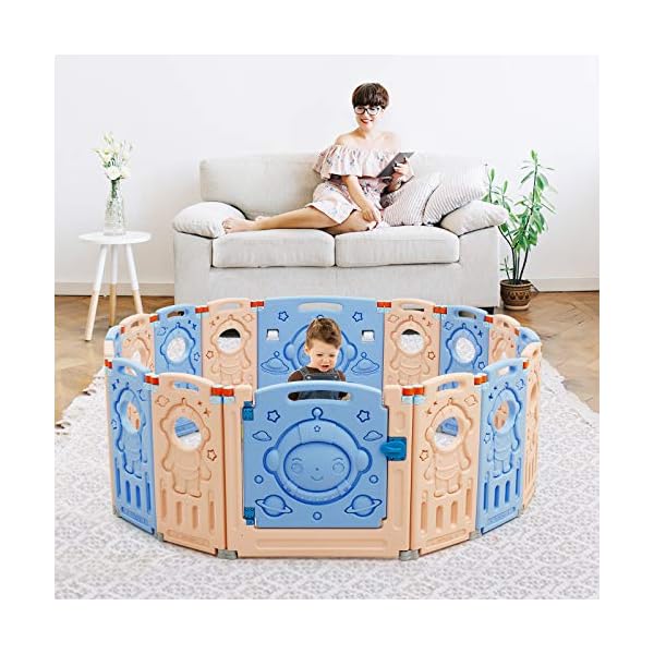 Costzon baby play yards 16 panel foldable thicken baby playpen indoor outdoor colorful rocket infants baby fence with game panel safety lock non slip bases adjustable shape aliens 16 panel  urban country home decor